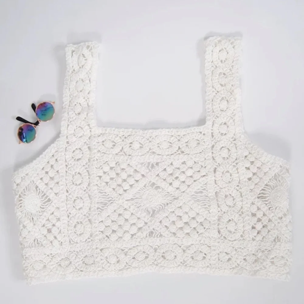 CLEARANCE White Bohemian Crochet Cropped Summer Boho Casual Tank Top - Picture 5 of 7
